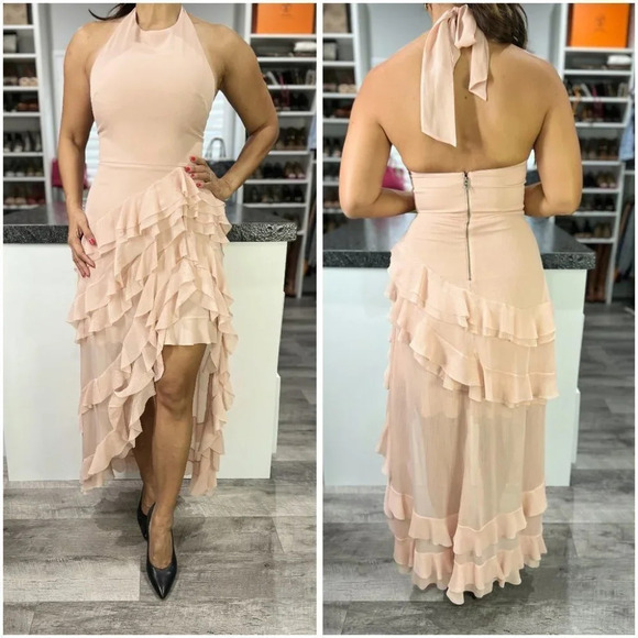 Alice + Olivia Carma Blush Pink Beige Ruffled Tiered Maxi Gown $495 - Picture 1 of 12